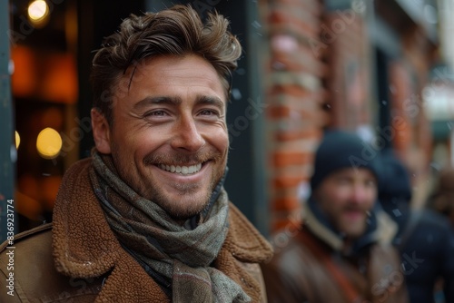 In a cozy indoor setting with his friend, a young man wearing a beanie and a brown-orange winter coat smiles happily at the camera.