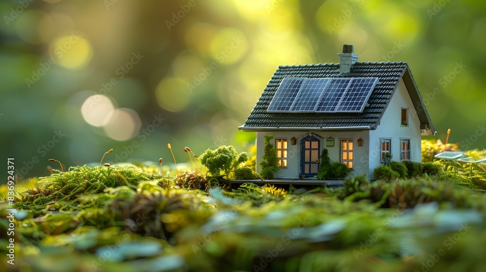 Miniature house with solar panels on the roof in a forest, green mossy ground, blurred background, sunlight and bokeh effect. Miniature house with solar panels on the roof in a forest, green mossy ground, blurred background, sunlight and bokeh effect.