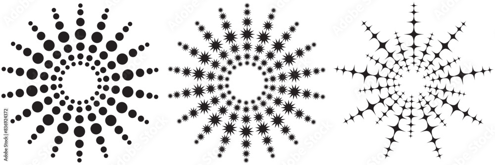 Radial circle lines. Circular radiating lines geometric element. Sun star rays symbol. Abstract geometric shapes. Design element. Vector illustration isolated on white background. Radial circle lines. Circular radiating lines geometric element. Sun star rays symbol. Abstract geometric shapes. Design element. Vector illustration isolated on white background.