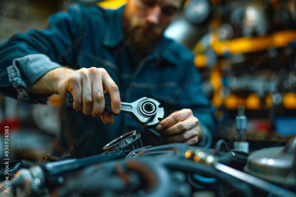 Technician precisely adjusting an automotive part with a small tool, highlighting intricate technical work Technician precisely adjusting an automotive part with a small tool, highlighting intricate technical work