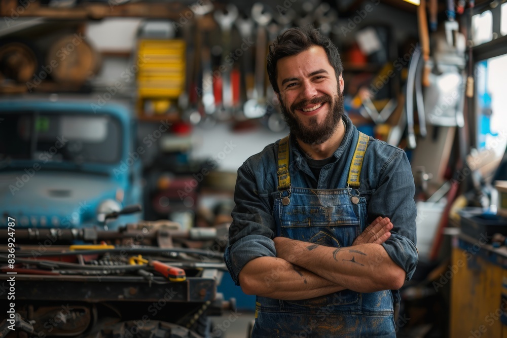 Joyful bearded mechanic with crossed arms standing in a well-equipped garage Joyful bearded mechanic with crossed arms standing in a well-equipped garage