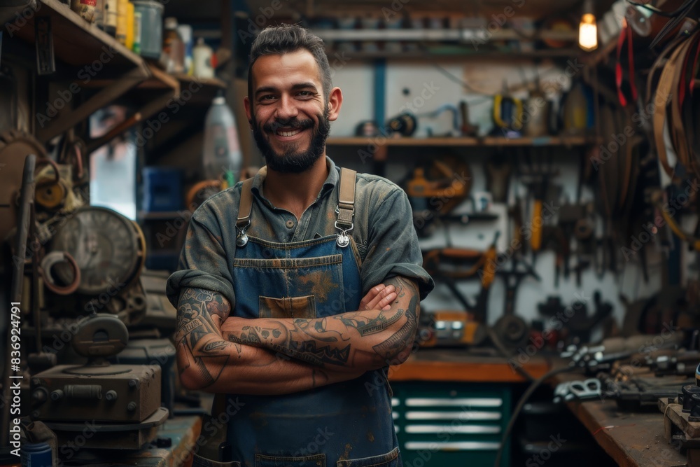 A cheerful, tattooed man stands with crossed arms in a well-equipped workshop, exuding confidence and skill A cheerful, tattooed man stands with crossed arms in a well-equipped workshop, exuding confidence and skill