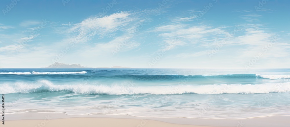 Obraz premium Gentle waves lapping the sandy shore form a tranquil scene with room for text in the image.