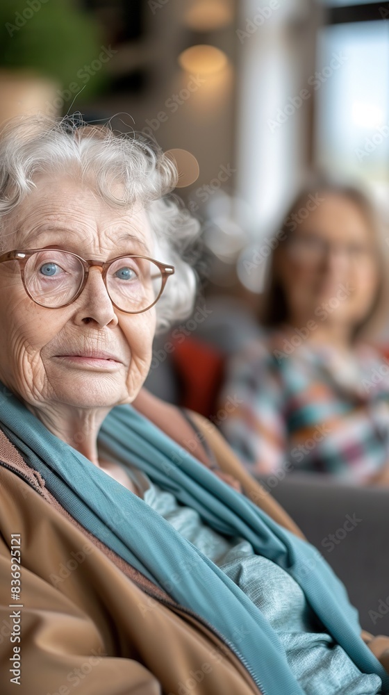 Senior woman with glasses and a gray sweater is smiling Senior woman with glasses and a gray sweater is smiling