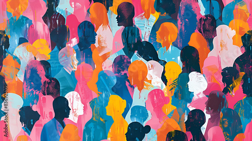 Colorful diverse people crowd abstract art seamless pattern. Multi-ethnic community, big cultural diversity group background illustration in modern collage painting style.
