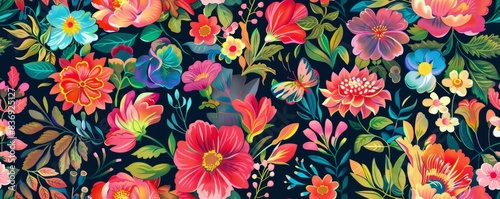 Vibrant floral pattern featuring a variety of colorful flowers and leaves on a dark background, perfect for decorative design projects.