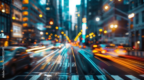 Abstract composition of blurred light trails from car headlights on a busy street, capturing the frenetic energy of city life.