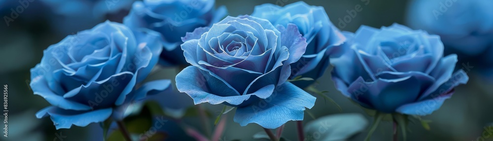 Majestic display of blue roses, each petal captured in stunning detail, evoking a serene and mystical aura Majestic display of blue roses, each petal captured in stunning detail, evoking a serene and mystical aura