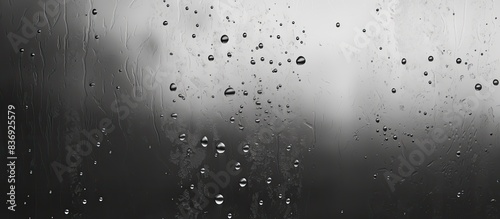 Black and white background of the condensate flowing water on the window glass. Collecting and streaming down. High air strong humidity, large drops drip.