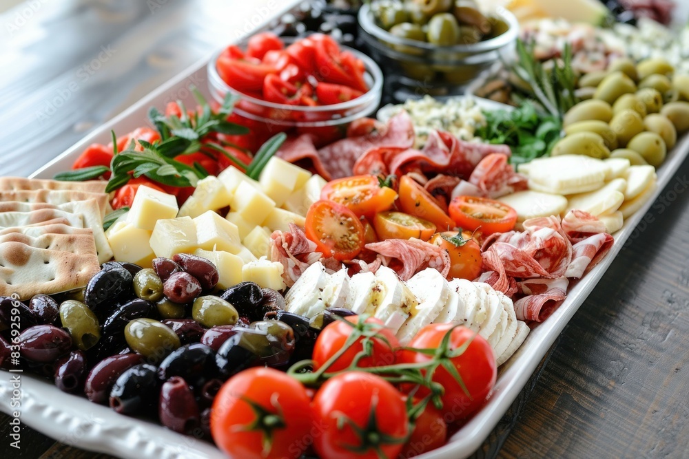 Sumptuous selection of cheeses, cured meats, and fresh garnishes on a serving board Sumptuous selection of cheeses, cured meats, and fresh garnishes on a serving board