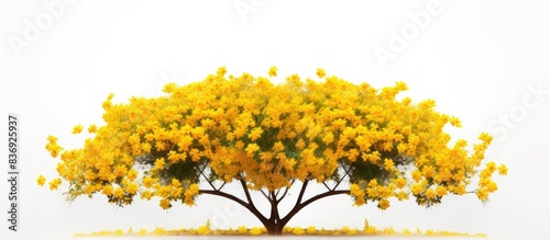 Cochlospermum tree with bright yellow flowers against a white backdrop, creating a vibrant copy space image. photo