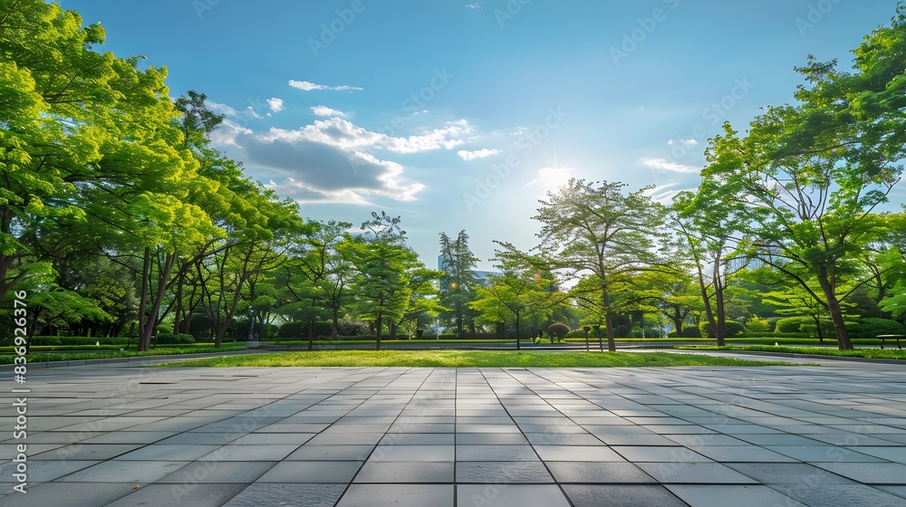 Empty square floor and green woods natural scenery in city park