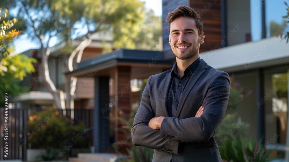 Young smiling man real estate agent stands outside modern home, radiating expertise and approachability Young smiling man real estate agent stands outside modern home, radiating expertise and approachability