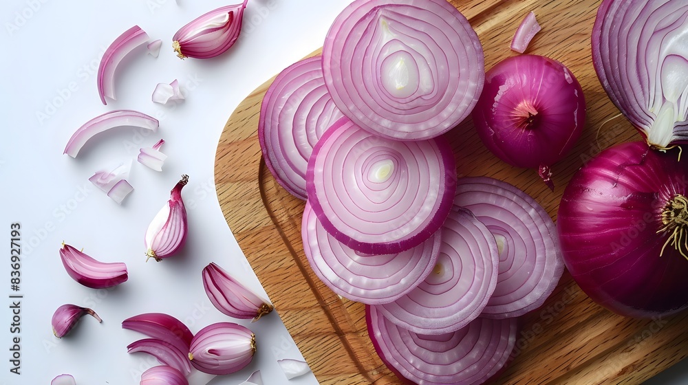 Sliced red onion on a wooden board, shown from above against a white background. Sliced red onion on a wooden board, shown from above against a white background.