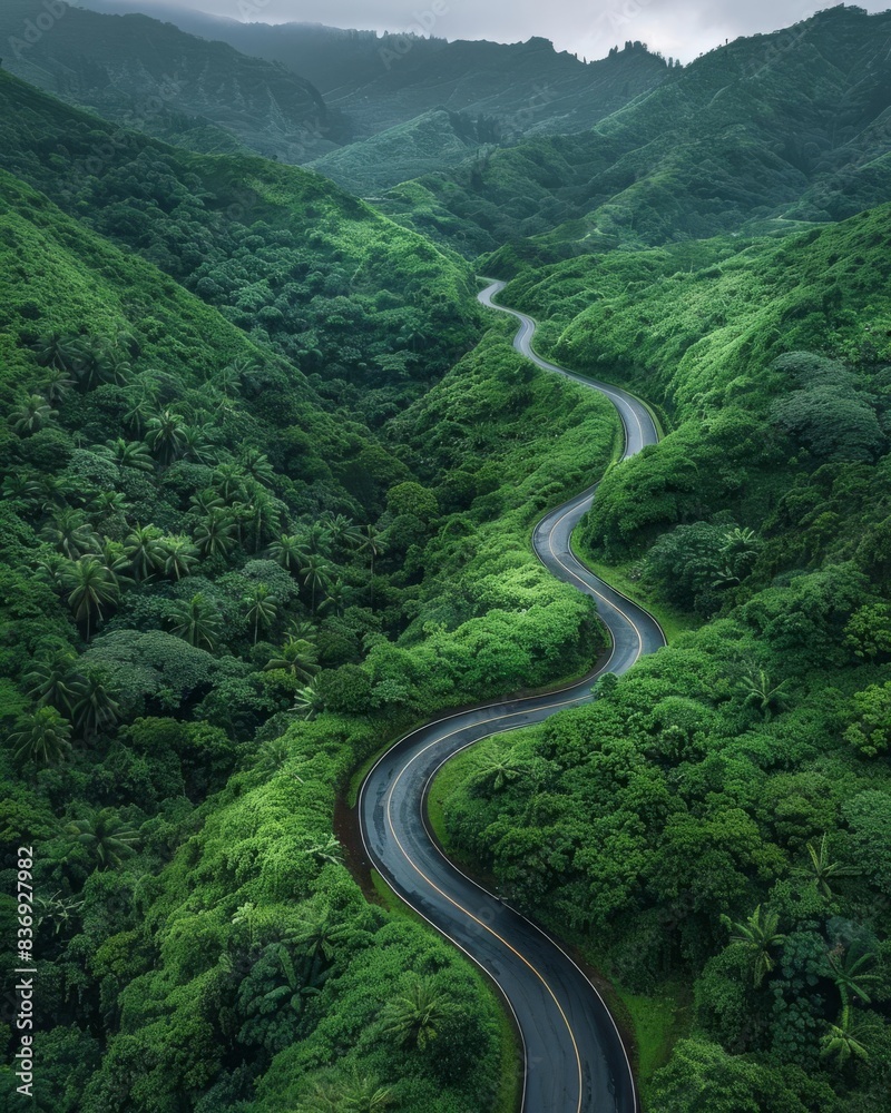 Drone shot of a curvy road slicing through a lush forest, accentuating deep greens and earthy browns, a hidden destination ahead Drone shot of a curvy road slicing through a lush forest, accentuating deep greens and earthy browns, a hidden destination ahead