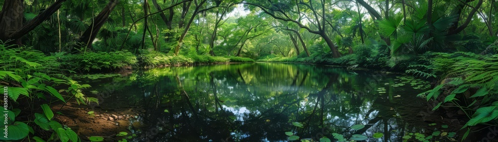 A hidden pond in a dense jungle, shimmering under a canopy of rich green foliage, the water mirroring the sky and trees, untouched by man