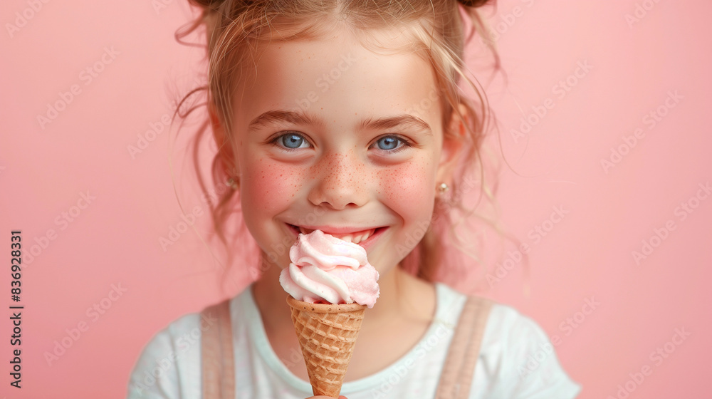 A joy girl enjoys ice cream. On a pink background A joy girl enjoys ice cream. On a pink background