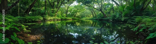 A hidden pond in a dense jungle, shimmering under a canopy of rich green foliage, the water mirroring the sky and trees, untouched by man