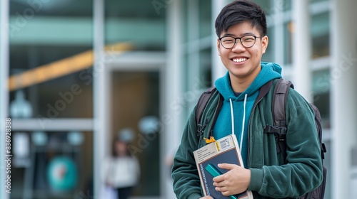 A university student stands outside with backpack and books in hand, looking excited about their study abroad journey. The smiling student is ready for adventure, with a campus building