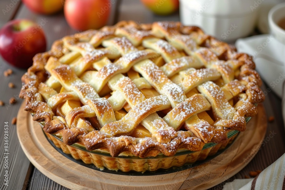 Freshly baked apple pie with lattice top, dusted with sugar on a wooden table Freshly baked apple pie with lattice top, dusted with sugar on a wooden table