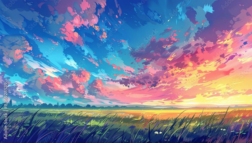 Anime Style: Sunset Sky with Clear Blue Tones, Panoramic Grassland View