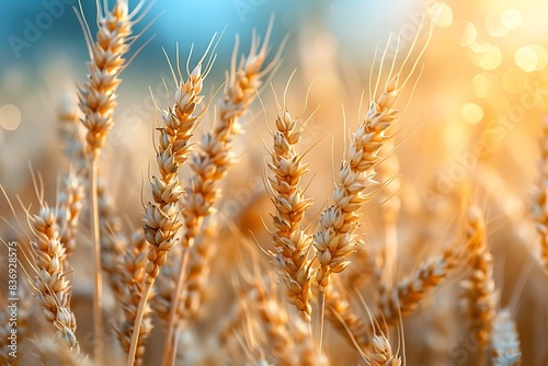 Closeup ears of golden wheat in wheat meadow with shiny light and blue sky background