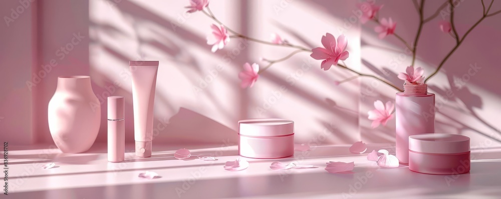 A minimalist beauty product display with a monochromatic pink theme, accented by subtle shadows and light petal touches, embodying calm elegance A minimalist beauty product display with a monochromatic pink theme, accented by subtle shadows and light petal touches, embodying calm elegance
