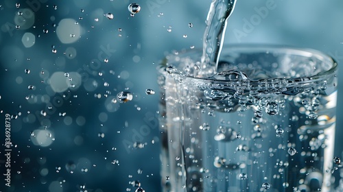 Water being poured into glass, blue background, macro photography, water drops in air, water bottle pouring water, closeup of water and plastic cup.