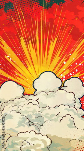 A red background with comic book-style clouds in the center, with yellow rays radiating outwards from behind them.