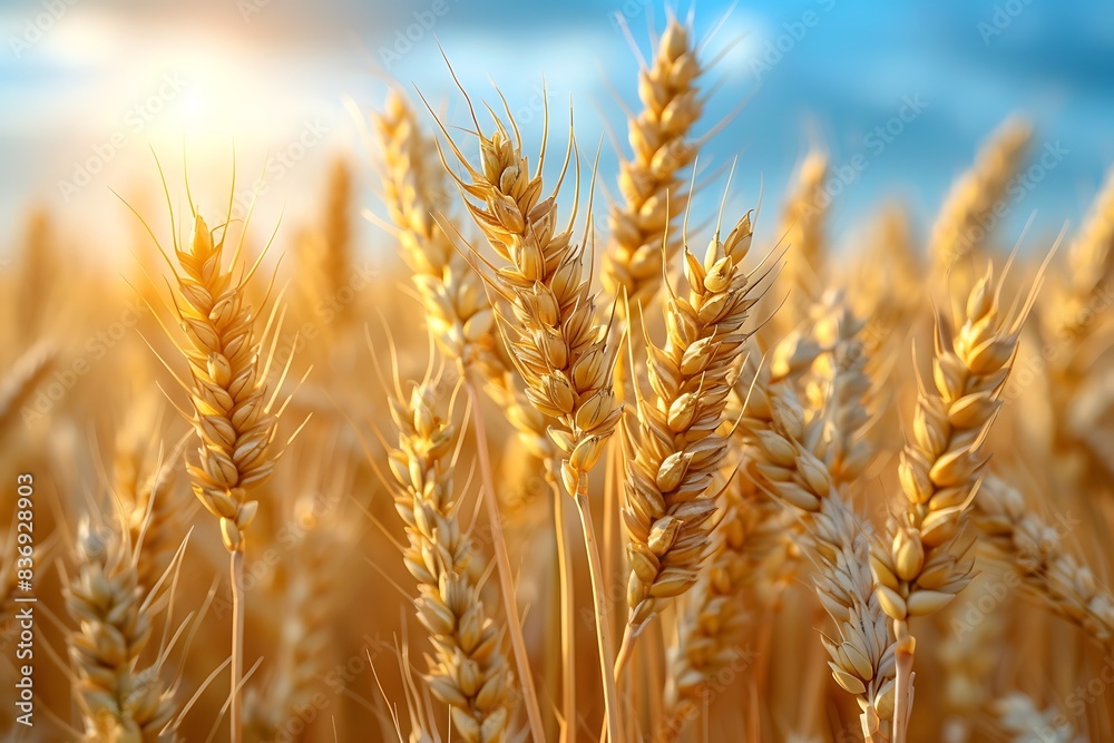 Closeup ears of golden wheat in wheat meadow with shiny light and blue sky background Closeup ears of golden wheat in wheat meadow with shiny light and blue sky background