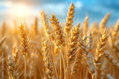 Closeup ears of golden wheat in wheat meadow with shiny light and blue sky background
