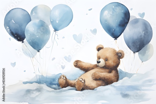 Teddy bear, balloons . watercolor hand drawn illustration; with white isolated background