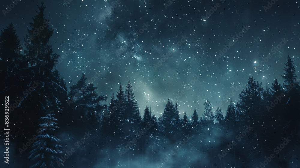 Night sky filled with stars above a dense European forest in winter Night sky filled with stars above a dense European forest in winter