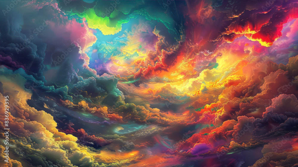 A surreal landscape of colorful clouds and vibrant colors swirling in the sky, creating an otherworldly atmosphere.