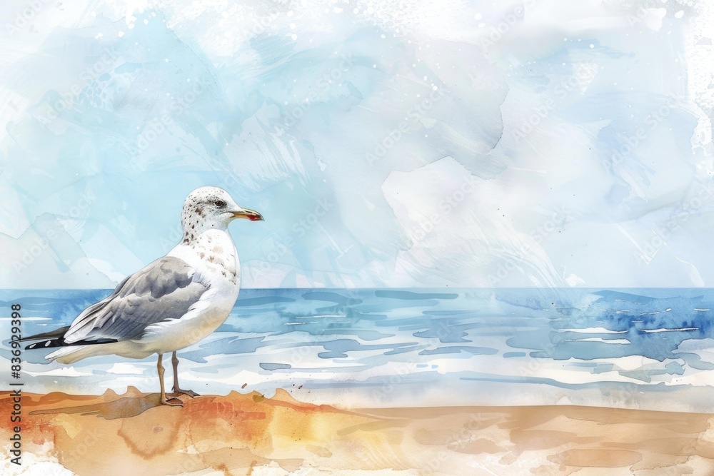 Fototapeta premium Graceful Seabird Gull Perched on Sandy Beach with Ocean Horizon. Hand-drawn Watercolor Illustration