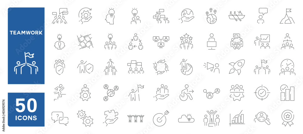 Set of 50 line icons related to teamwork, business, management, employees, Editable stroke. Vector illustration Set of 50 line icons related to teamwork, business, management, employees, Editable stroke. Vector illustration
