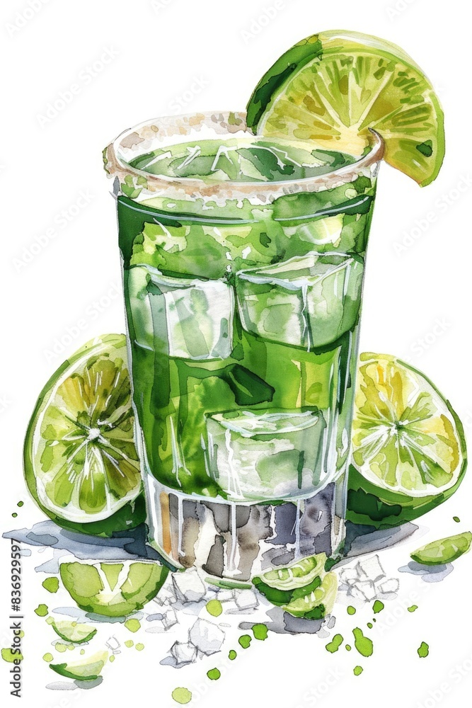 Fototapeta premium Hand Drawn Watercolor Tequila Shot with Lime and Salt on White Background
