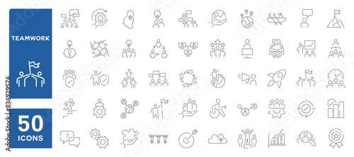 Set of 50 line icons related to teamwork, business, management, employees, Editable stroke. Vector illustration