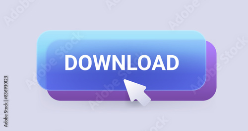 Blue glass morphism download button on gray background. Vector illustration