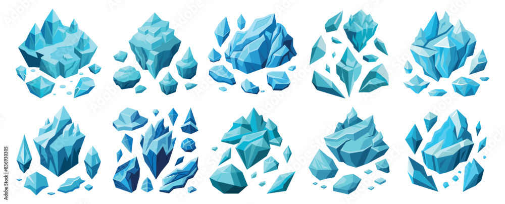 Fototapeta premium Set of different blue icebergs. Iceberg cartoon set. Crystals of ice, iceberg broken pieces of ice, blue cold frozen blocks ice rocks winter for winter themed designs and game design cartoon