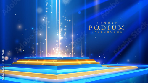 Elegant blue and gold podium with spotlight and sparkling effects, perfect for award ceremonies and luxury presentations. Vector illustration.