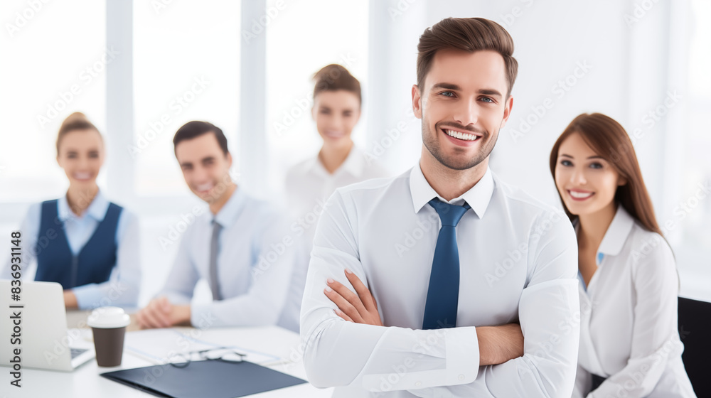 Confident Businessman Leading Team Collaboration in Modern Office Setting. AI Generative. Confident Businessman Leading Team Collaboration in Modern Office Setting. AI Generative.