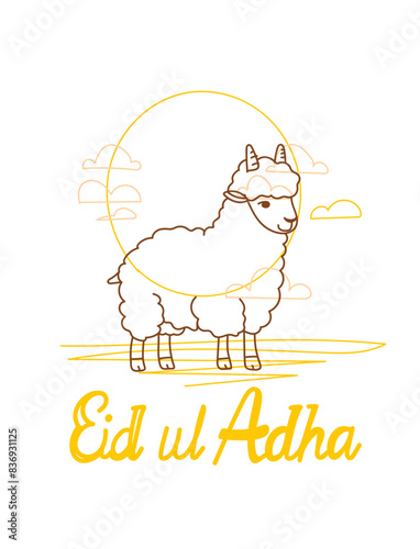 Doodle Muslim holiday Eid al-Adha. the sacrifice a ram or white and black sheep. graphic design decoration kurban bayrami. month lamb and a lamp.Translation from Arabic: Eid al-Adha