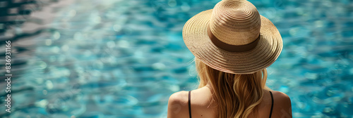 Back view of a stylish young blond woman wearing a straw hat, on vacation at a beautiful resort, standing by a warm summer swimming pool on a sunny day.
