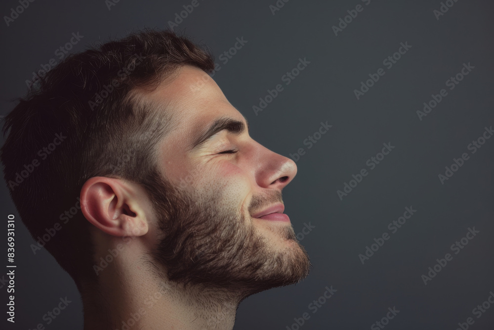 Obraz premium A close up of a man with beard and closed eyes looking to a side