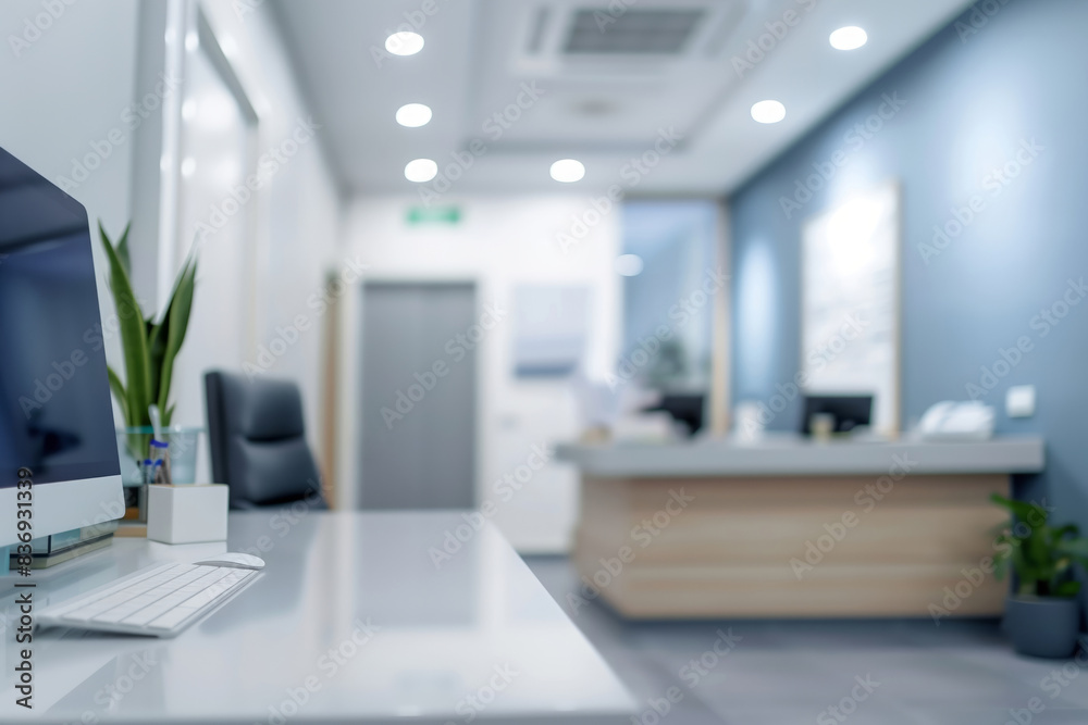Fototapeta premium Blurred view of a contemporary medical clinic interior with a reception desk, office supplies, plants and a computer. Shallow depth of field