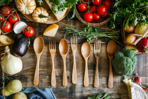 A cozy farmhouse kitchen setup featuring wooden utensils, fresh vegetables, herbs, and cheese on a rustic wooden table. Bright and colorful, this image captures the essence of homestyle cooking photo