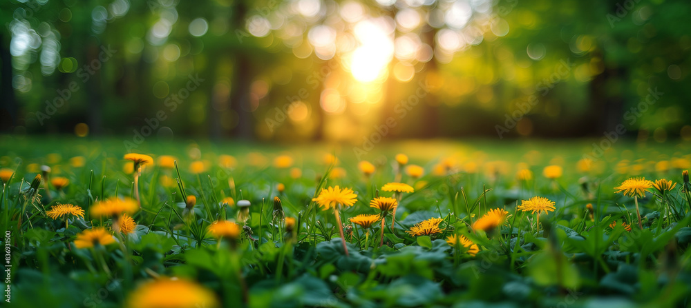 Obraz premium Vibrant Spring Landscape Green Grass and Dandelions in Bloom