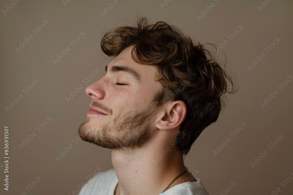 A close up of a man with beard and closed eyes looking to a side A close up of a man with beard and closed eyes looking to a side