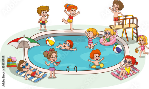 Children in aqua park swimming pool having fun.Summer Outdoor Activity Concept Cartoon Vector Illustration